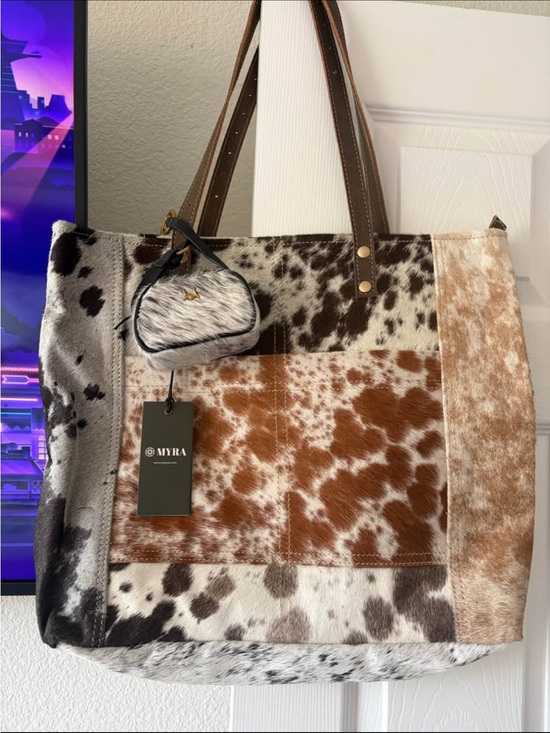 Myra Bag Handbags - Myra Bag Cowhide Patchwork Tote in Brown, White & Tan